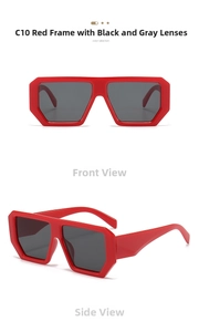 Front and side view of large square red frame sunglasses with dark gray UV lenses