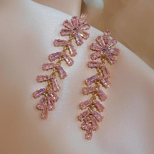 Pink Zircon Rhinestone Long Dangle Earrings With 925 Sterling Silver Earring Post Copper Fishbone Tassel Elegant Women