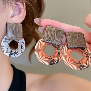 Vintage Oriental Drop Earrings With Wood Square And Printed Resin Round Pendant 925 Sterling Silver Earring Post For Women
