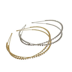 Elegant double-layered metal headband with shiny rhinestones in gold and silver finish