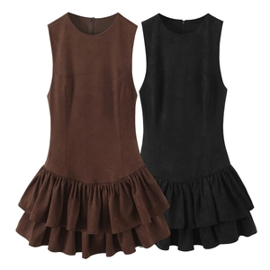 Robe Mini Sans Manches Similicuir Daim Ourlet Volanté Double Élégante Couleur Unie Fermeture Éclair Dos Col Rond Femme