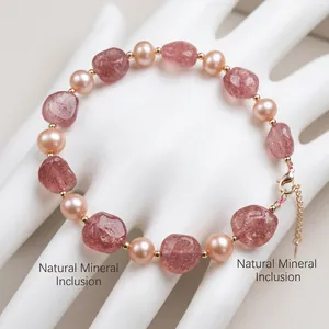 Elegant strawberry quartz bracelet with freshwater pearls and 14K gold-plated accessories