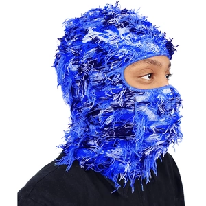 Distressed blue knitted balaclava face mask with fuzzy fringe and textured fabric
