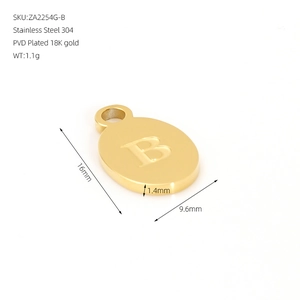 Detailed view of 18K gold plated stainless steel letter B pendant with dimensions