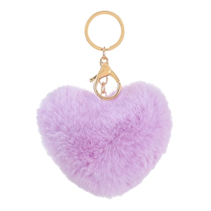 Close-up of a soft purple heart plush keychain with a golden lobster clasp and ring