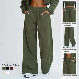 Women's army green loose wide-leg sun protection sports pants with adjustable waist and pockets
