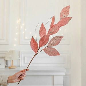 Pink velvet Christmas leaf spray with sparkling glitter and sequins for festive holiday decor