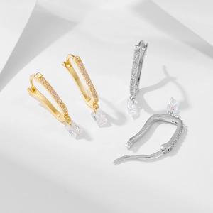 Elegant U-shaped sterling silver hoop earrings with square zircon drops and diamonds