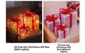 Set of 3 glowing Christmas gift boxes with 3D texture and red bows shown lit and unlit