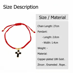 Detailed size specifications for handmade red string cross bracelet with 18k gold plating