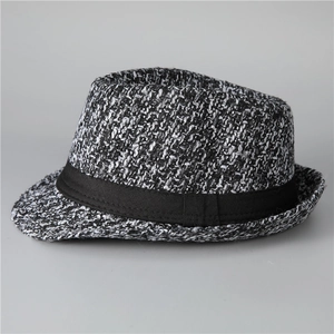 Classic men's tweed fedora hat in black and white melange with decorative black band