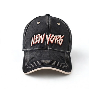 Vintage wash denim baseball cap with New York 3D embroidery and contrast brim edge