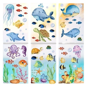 Cartoon ocean world wall stickers set with watercolor whales and sea animals for kids room