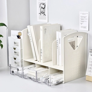Minimalist Desktop Bookshelf Organizer Plastic Book Stand With Transparent Drawers Multi Compartment Office Storage