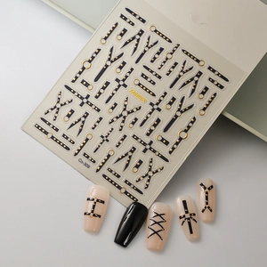 5D punk style nail art stickers with black leather belts, gold rings, and silver crosses