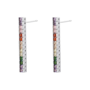 Luxurious 18K gold plated drop earrings with rainbow cubic zirconia and vertical baguette stones