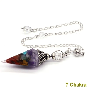Detail view of 7 Chakra resin pendulum pendant with colorful natural stones and alloy cap