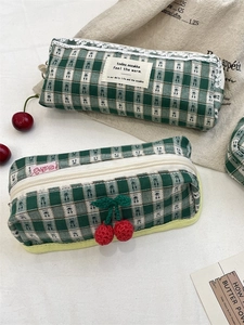Green plaid stationery pouch with handmade crochet cherry and delicate lace trim