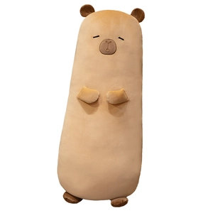 Soft long capybara plush pillow with cute closed-eye expression on white background