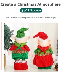 Detail of Christmas elf dolls with sequined hats and knit fabric for holiday decor