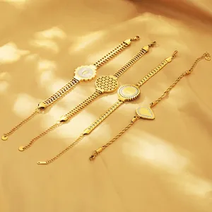 Retro 18K Gold Plated Stainless Steel Bracelet For Women Vintage Round Coin Medallion Geometric Mother Of Artificial Pearl Zircon