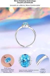 Macro detail of S925 silver ring featuring halo-set aquamarine zircon and polished finish