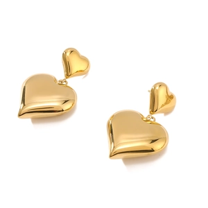 18K gold plated stainless steel double heart drop earrings with a polished finish