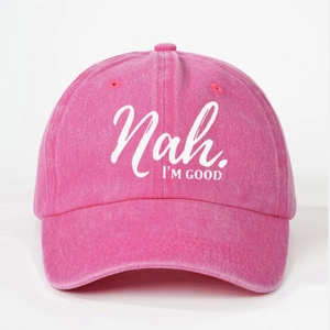 Rose pink washed cotton baseball cap featuring Nah I'M GOOD white printed text design