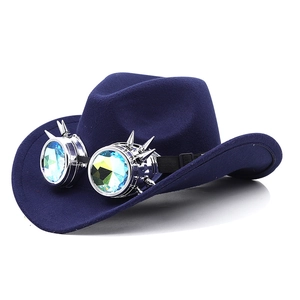 Detail view of dark blue felt cowboy hat featuring silver steampunk spiked goggles