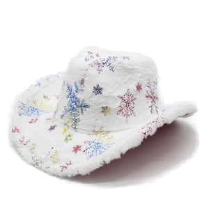 White faux fur cowboy hat with colorful metallic snowflakes for Christmas festivals