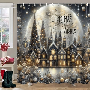 Détail d'un rideau de douche de Noël imperméable avec imprimé festif de ville enneigée