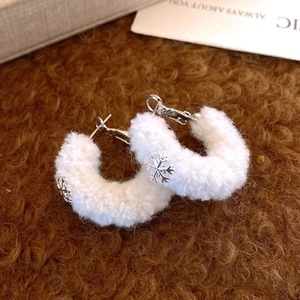 Winter-style white flocked C-shape hoop earrings with silver snowflake accents for women