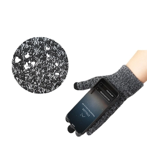 Grey touch screen knit winter gloves with anti-slip palm grip for outdoor cycling