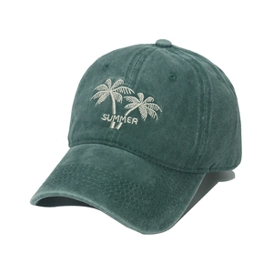 Gorra de béisbol de algodón verde oscuro con bordado de palmeras Summer y visera curva