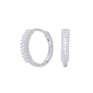 Macro detail of silver S925 hoop earrings featuring rectangular cubic zirconia stones