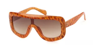 Detail view of large aviator sunglasses featuring yellow tortoiseshell frame and metal accents