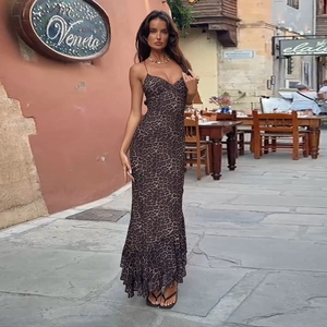 Sexy backless leopard print cami maxi dress with ruffled fishtail hem for summer