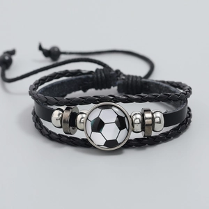 Multilayer beaded leather football bracelet for sports fans with adjustable woven rope