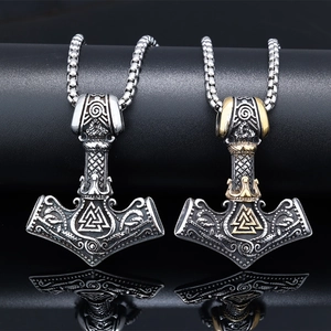 Thor Hammer Mjölnir Pendant Necklace Stainless Steel Valknut Rune Nordic Viking Jewelry For Men Retro Style