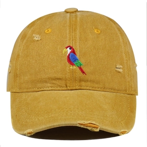 Close-up of parrot embroidery and distressed details on yellow washed cotton cap