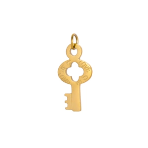 Macro detail of a golden key pendant featuring an engraved LOVE inscription on metal