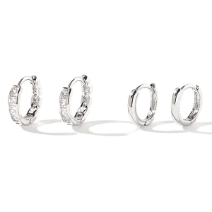 Silver pleated hoop earrings set with sparkling square diamonds and plain metal rings