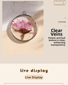 Detail of pink dried flower resin pendant with gold foil flakes and silver metal rim