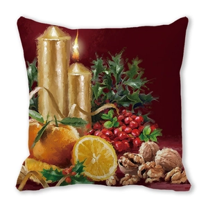 Detailed festive oil painting print on peach skin pillowcase with candles and holly berries