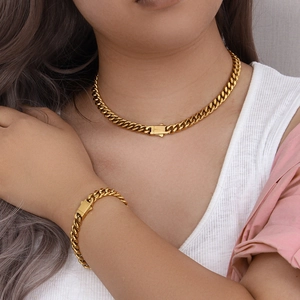 Chic gold-plated stainless steel Cuban link chain necklace and bracelet jewelry set for men