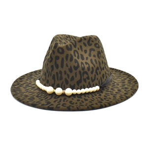Fashionable leopard print fedora hat featuring an elegant white faux pearl band detail.