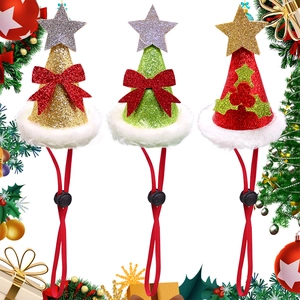 Detail of three adjustable Christmas pet hats with glitter finish and pom-pom trim
