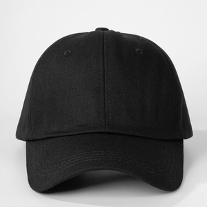 Detail of classic black 6-panel twill cotton baseball cap with ventilation eyelets