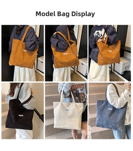 Collage of model wearing large corduroy tote bags in brown, black, beige and blue
