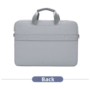 Gray laptop bag back view showing durable fabric and convenient luggage strap